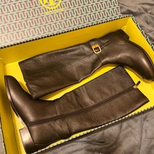 Tory Burch Women's Black Tumbled Leather Brooke Knee High Riding Boots